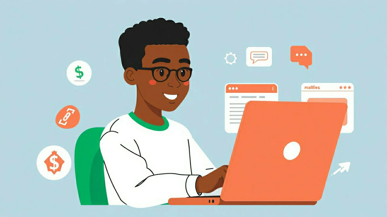 Illustration of a Black boy with glasses using a laptop, surrounded by icons like links, dollar signs, and web pages representing affiliate marketing.