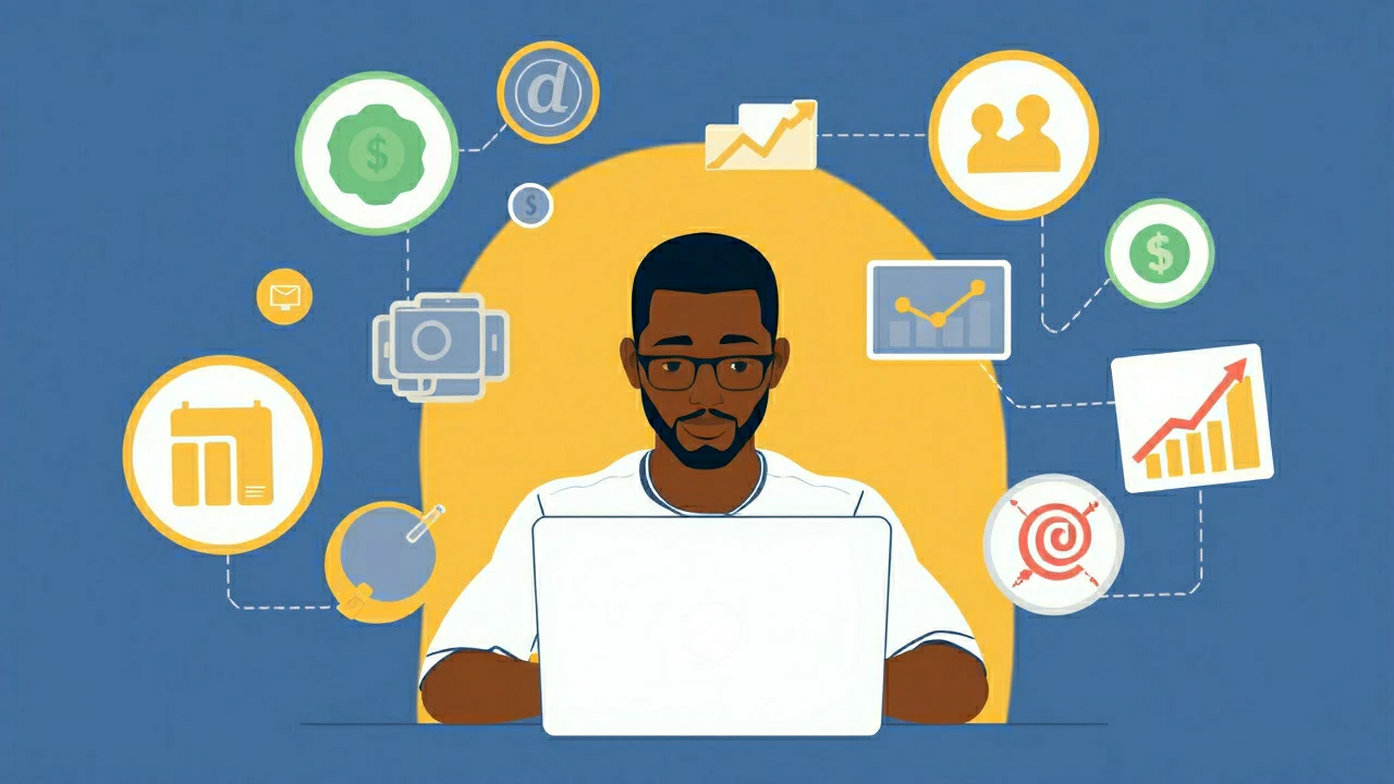 A Nigerian affiliate marketer using a laptop with digital marketing and commission icons, representing the best affiliate programs to join in Nigeria.