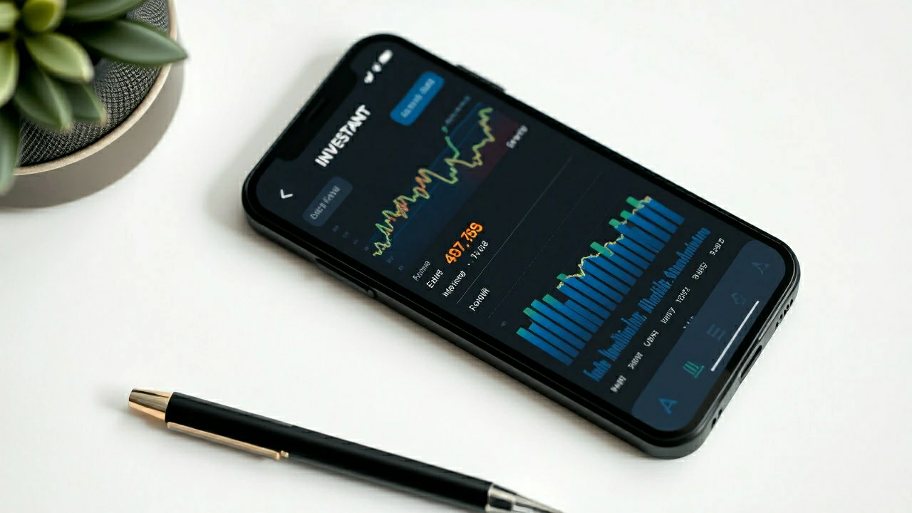 Smartphone displaying investment charts and analytics from online investment platforms on a desk beside a pen and small plant.