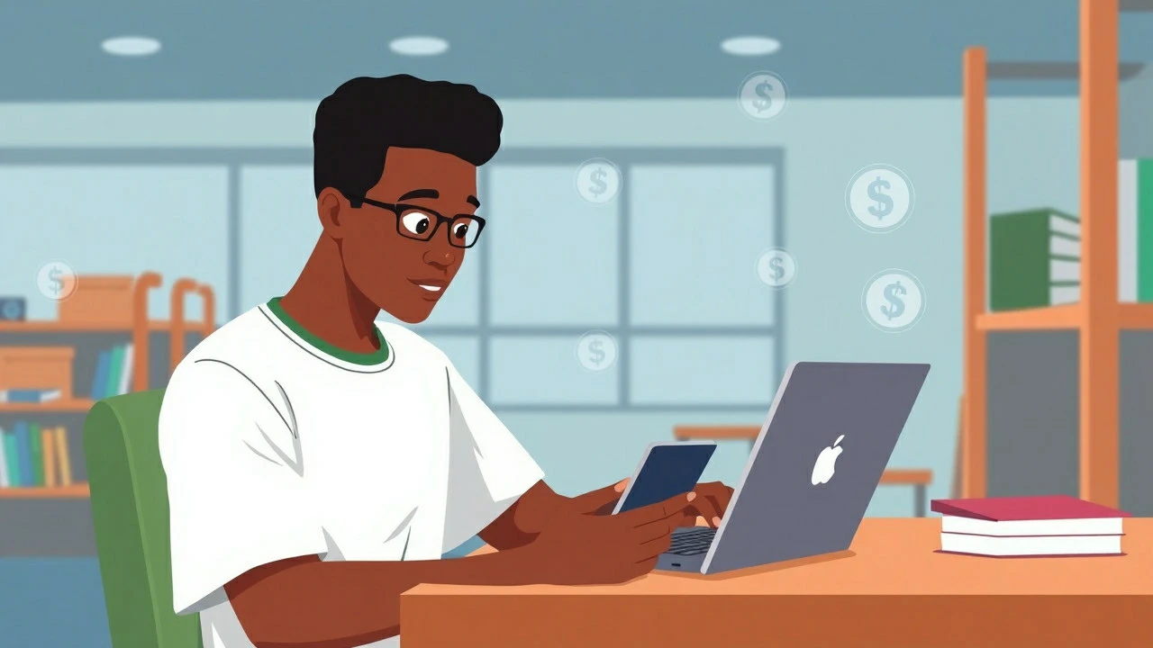 Illustration of a student sitting at a desk using a laptop and smartphone, symbolizing making money online while studying.