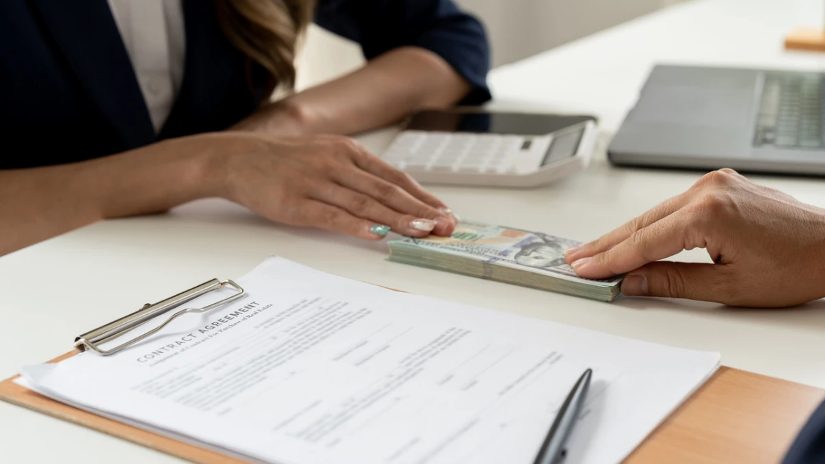 business partners signing contract to borrowing money from investor to invest at own business - money loan concept