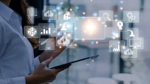 A flat design illustration depicting a megaphone surrounded by icons symbolizing various digital marketing and communication channels and strategies.