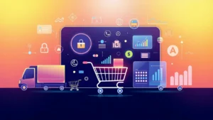 Abstract digital illustration showing e-commerce icons like a shopping cart, storefront, payment symbols, delivery truck, product grid, and analytics chart in a modern tech style.