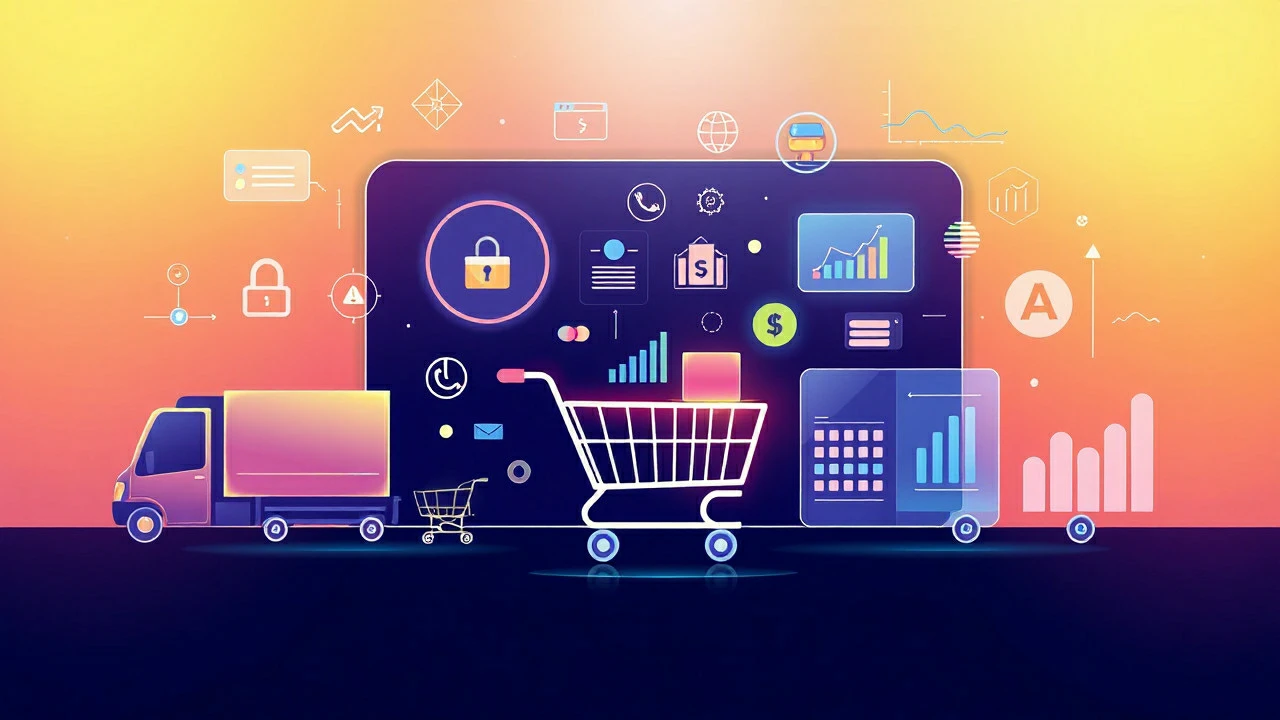 Abstract digital illustration showing e-commerce icons like a shopping cart, storefront, payment symbols, delivery truck, product grid, and analytics chart in a modern tech style.