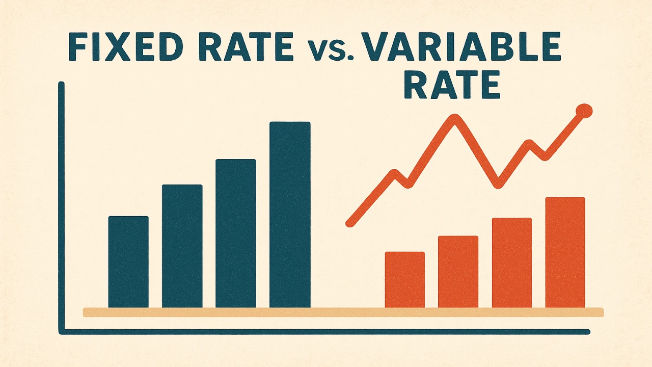 Fixed vs variable interest rate chart showing stable fixed loan rates versus fluctuating variable loan rates over time.