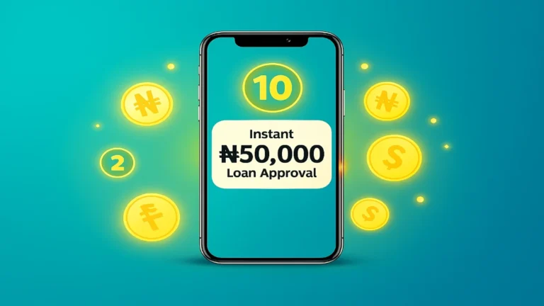 A smartphone displaying “Instant ₦50,000 Loan Approval” on a turquoise background, surrounded by glowing golden naira coins and a bright “10” icon at the top of the screen.