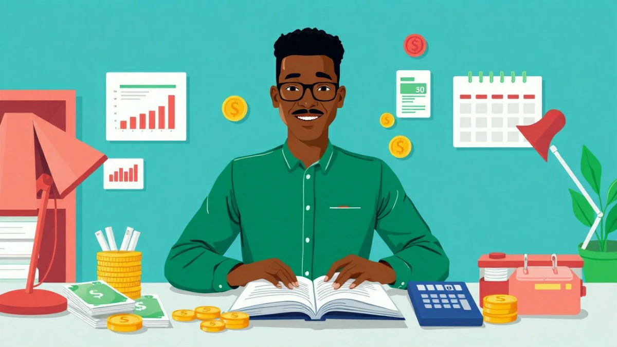 Person at a desk with coins, charts, and a budget planner, learning how to budget money effectively.