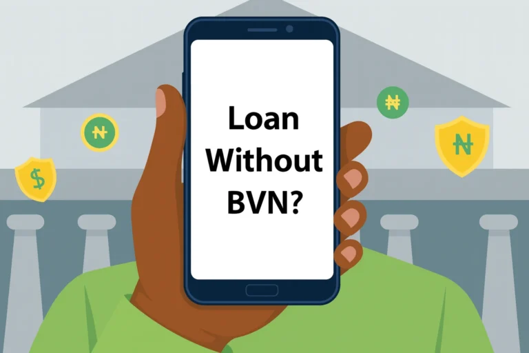 Illustration of a person holding a smartphone displaying the text “Loan Without BVN?” in front of a bank building, with floating naira symbols and security shield icons around the background.
