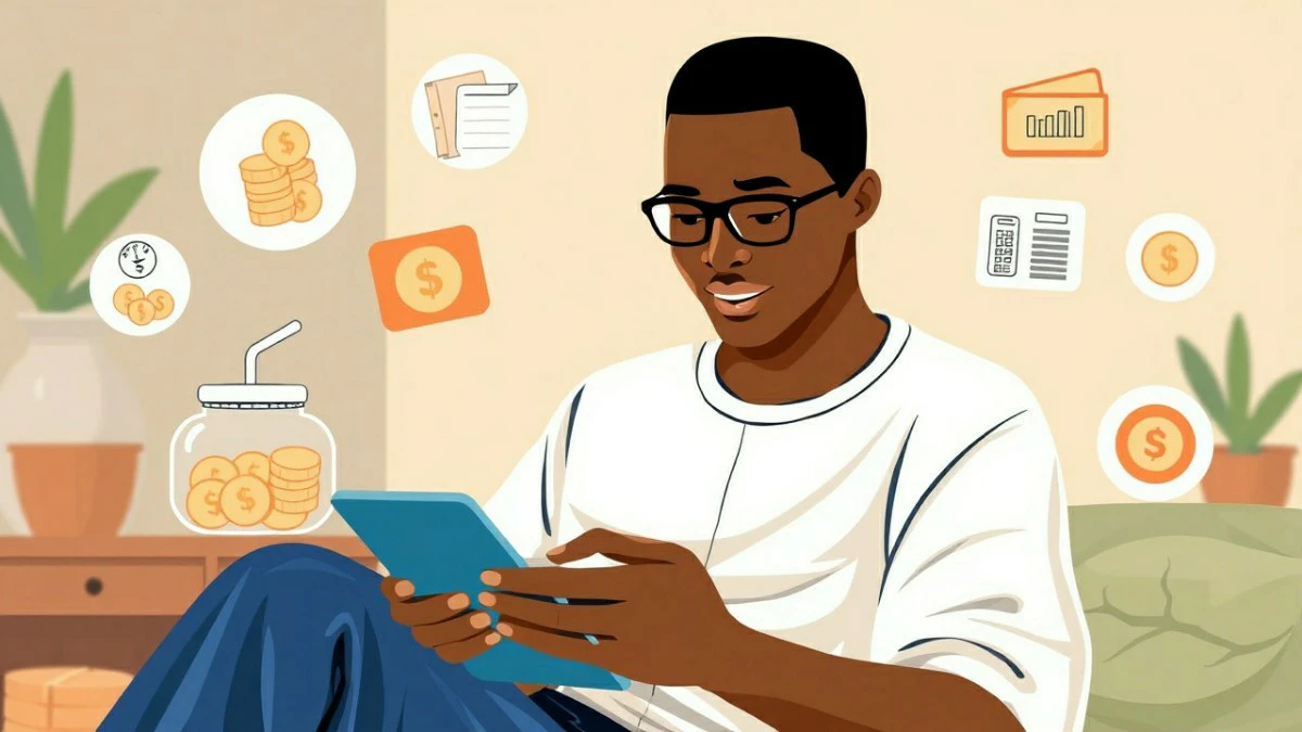 An adult budgeting with a smartphone and notebook, surrounded by icons of savings jars, coins, and financial planning charts, illustrating how to save money on a low income.