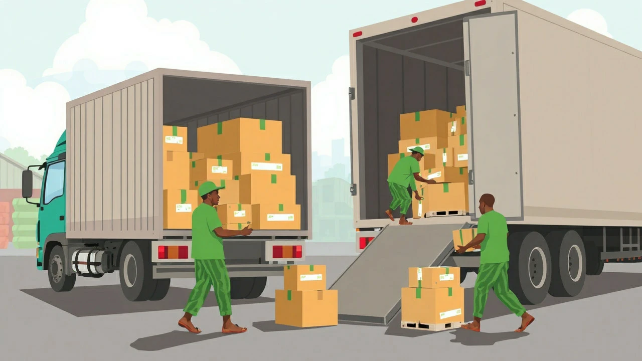 Workers loading and offloading packages from delivery trucks, illustrating product fulfillment and logistics in a dropshipping business supply chain