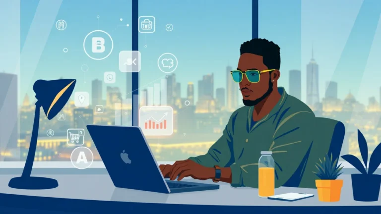 An entrepreneur at a laptop in a modern office with city skyline, surrounded by digital icons for e-commerce, analytics, and online business tools. Desk includes lamp, phone, juice, and plants.