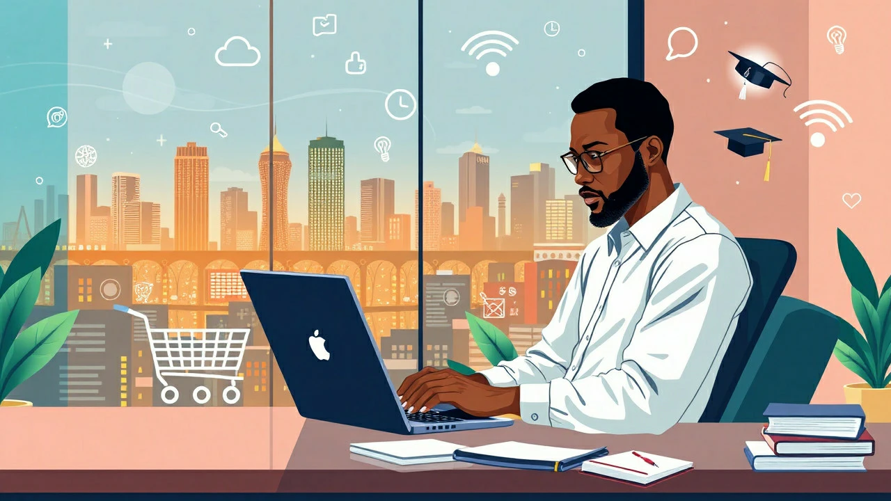 Nigerian entrepreneur working on a laptop with online business icons and city skyline in the background.