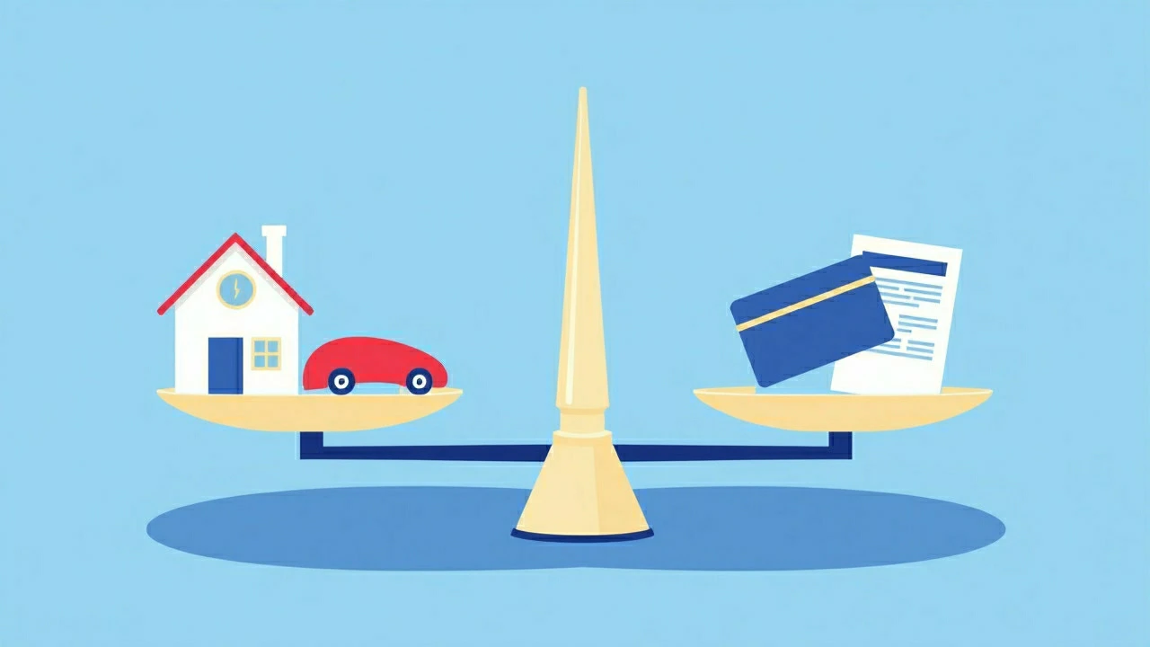 Flat illustration of a balanced scale with a house and car representing secured loans on one side, and documents and a credit card representing unsecured loans on the other.
