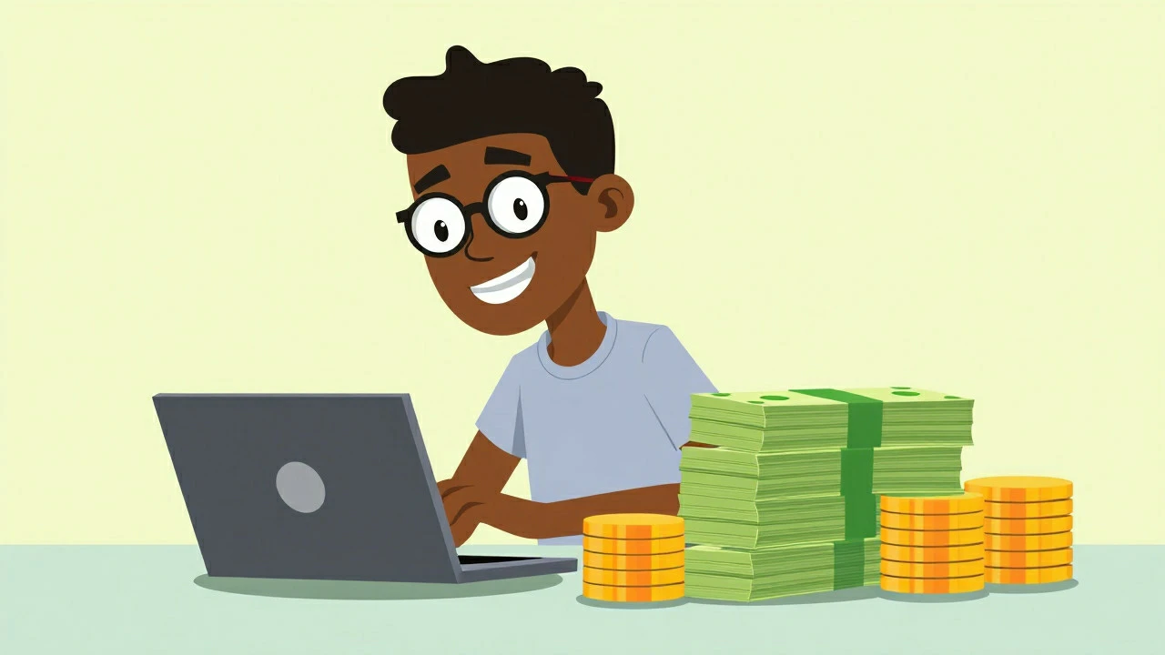 Animated illustration of a Nigerian freelancer working on a laptop with a stack of Naira notes and coins nearby, symbolizing online earnings.
