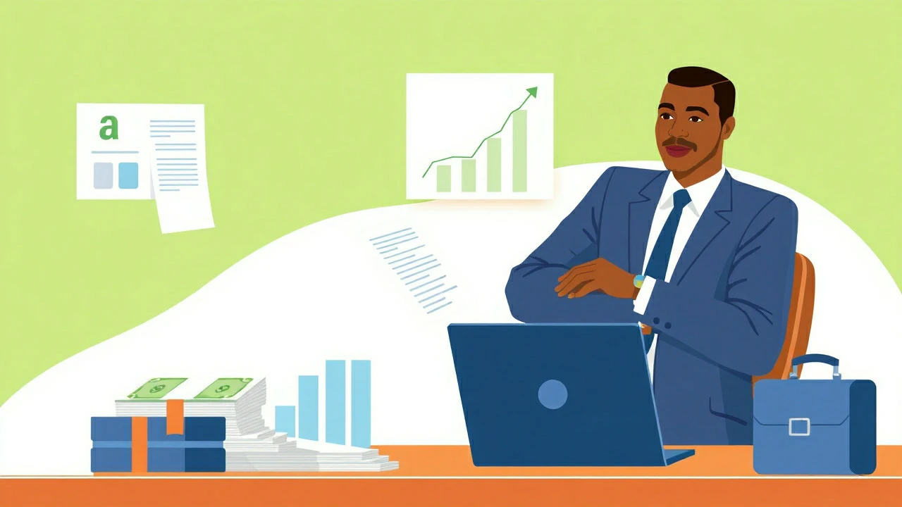 Illustration of an entrepreneur at a desk managing a business loan, with a laptop, documents, financial charts representing growth.