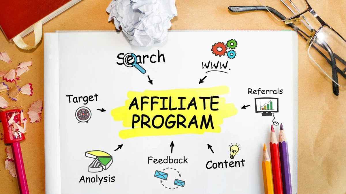 Concepts and key elements of affiliate marketing, including websites, search, referrals, content, feedback, analysis, and targeting.