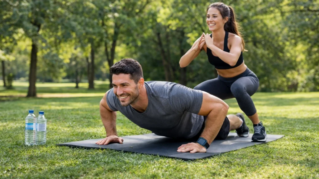 Fit man doing push-ups on a yoga mat while a woman performs squats behind him in a sunny green park, both wearing workout clothes and smiling.