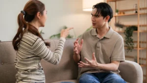 Couple in a tense money discussion at home, working through financial disagreements and building trust together.