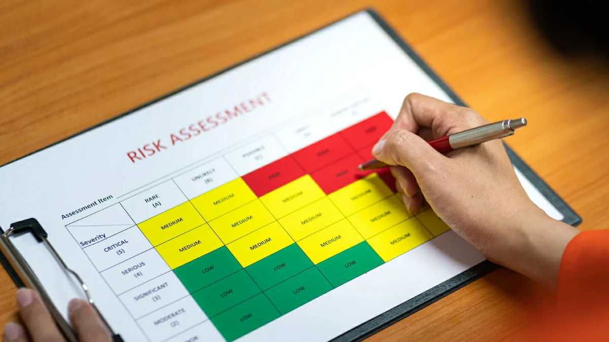 Person marking high-risk level on an investment risk assessment matrix with a pen.