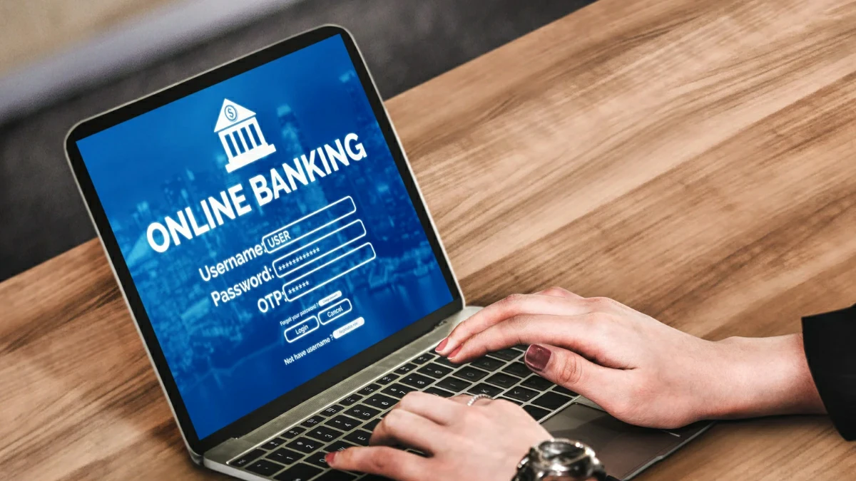 Online banking interface showing digital money transfer and secure online payment technology on a web platform.