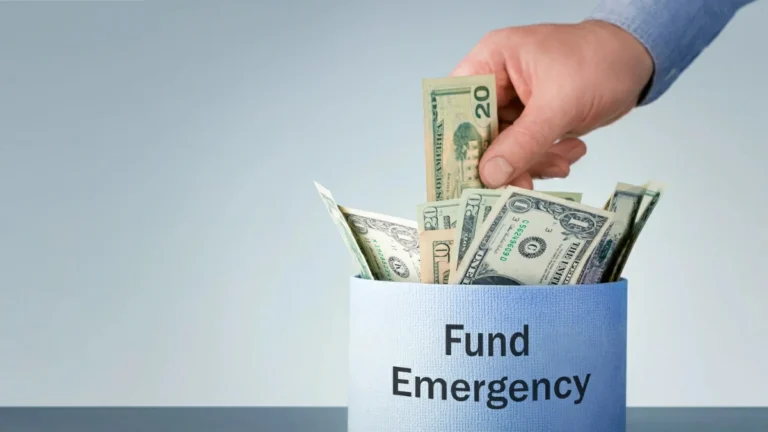 Male hand placing cash into a cardboard box labeled “Emergency Fund,” symbolizing saving money for unexpected expenses.