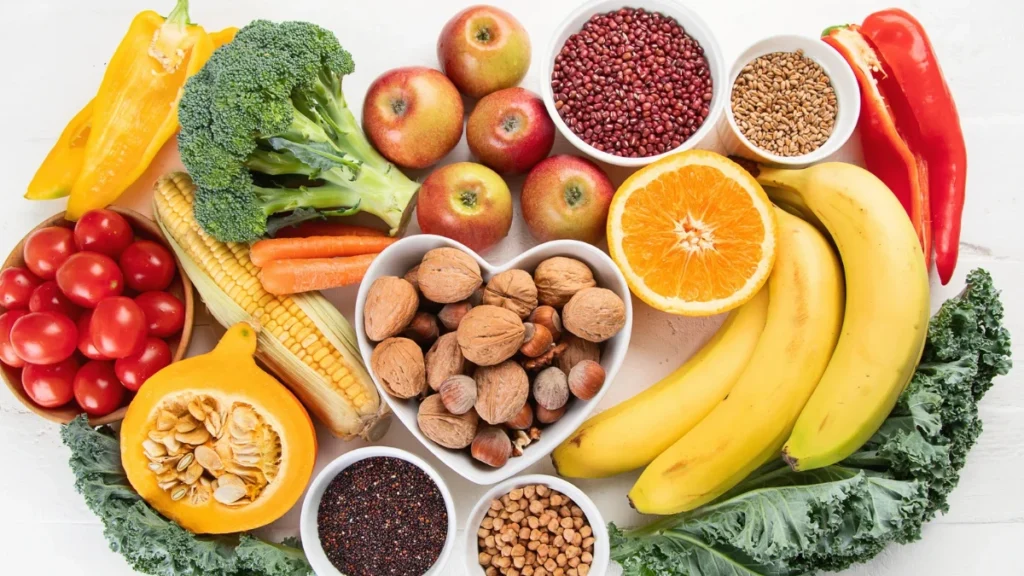Top view of high-fiber foods for healthy nutrition