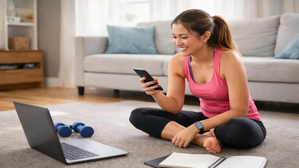A woman in a pink workout top sits cross-legged on a living room floor, smiling at her smartphone beside a laptop and dumbbells.